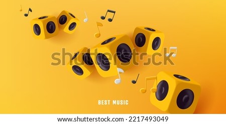 Yellow 3d boom box column, render style cubes with sound amplifyer and notes, monochrome