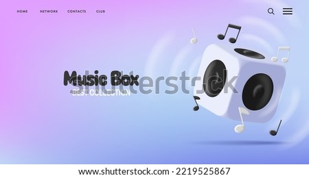Music 3d boom box column, render style cube with sound amplifyer and notes, web banner