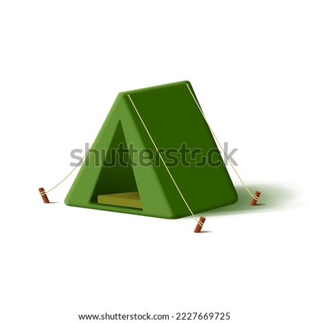 Camping tent green 3d illustration, cartoon render modern style