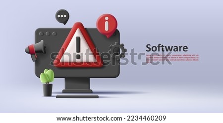 3d illustration of a black desktop computer with big warning sign