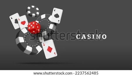 3d dices black playing cards four aces and falling poker chips in black red and white colors. Casino big win poster with render composition.