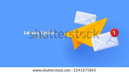 3d illustration of yellow paper plane with white mail envelopes