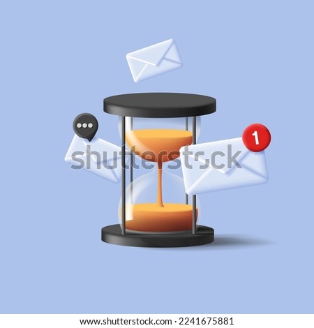 Glass sand clock 3d icon with white envelops around it, render composition digital illustration