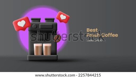 3D Coffee machine with glass coffee cups and heart likes and coffee beans, black render graphic, web banner advertising