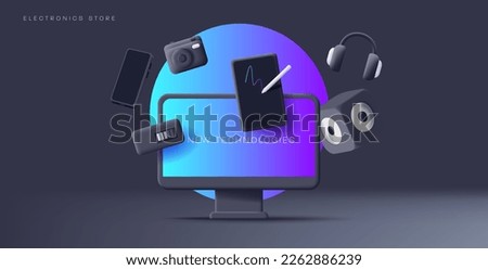 Smart gadgets electronics 3d render composition of desktop with tablet music box and photo camera around it, black backdrop with blue circle