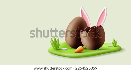 3d Easter banner with chocolate egg, bunny ears hiding behind, carrot on an island on green grass
