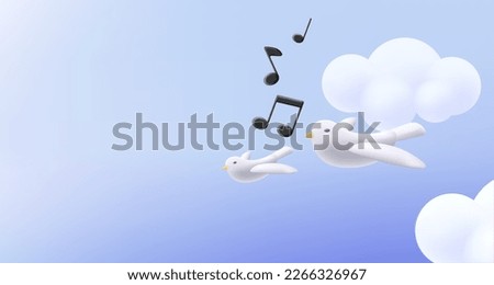 Flying white doves with music notes, singing birds in the sky, 3d illustration render graphics, background