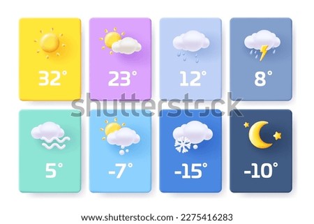 Website or mobile app ui icon set for weather forecast. 3d modern render style soft shapes design