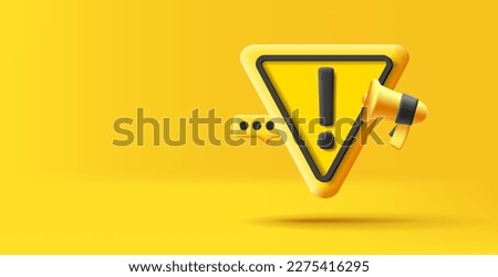 Important announcement 3d render soft shaped triangle, yellow with black lines, exclamation mark and message with megaphone