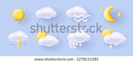 Weather icons set, 3d render soft shapes illustration of different weather conditions at night and day