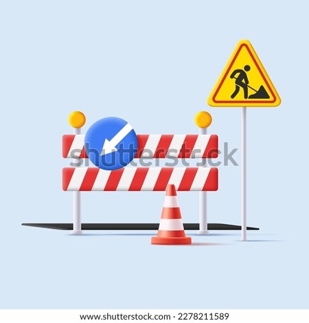 3d illustration od street road sign of reparation road works with detour and striped barrier with cone and lights