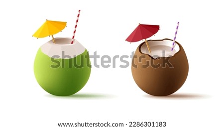 3d Green coconut and ripe coconut cocktails with straw and umbrella, realistic render 3d illustration