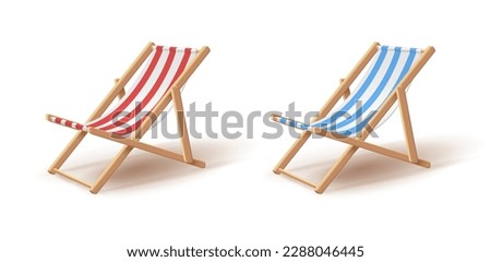 3d realistic stripped beach chair in blue and white and red and white colors with wooden construction isolated on white background.