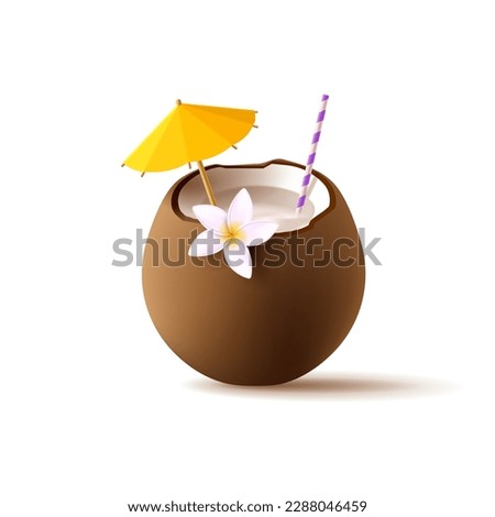 3d brown coconut cocktail with straw and umbrella and tropical flower, realistic render 3d illustration