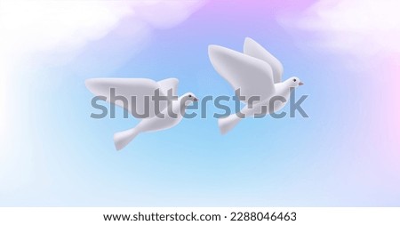 3d illustration of two doves flying in the sky. Symbol of peace, religion and friendship, render stylized