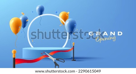 Grand opening banner with 3d illustration of air balloons with confetti and pedestal with red ribbon cut with scissors and neon glowing circle