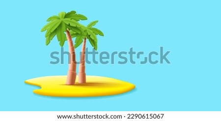 Tropical island, 3d vector of two plams on piece of land on blue modern backdrop