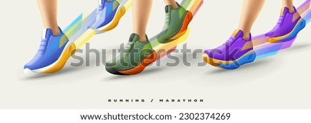 People athlete marathon, runner's feet running in sneakers with big speed closeup legs illustration 3d render vector