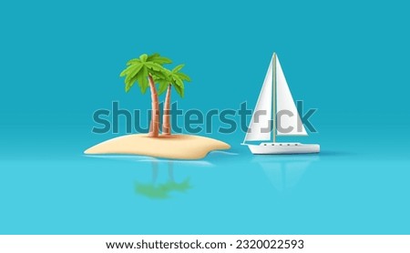 Vector 3d illustration of tourist island with palm tree and yacht on the sea, uninhabeted island eco tourism vacation