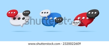 Speech, communication, dialogue bubbles front view and perspective, 3d render rounded icon set with 3 dots inside