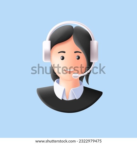 3d render style illustration of call center support person with headset, isolated smiling face, rounded soft shapes