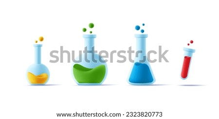 Laboratory equipment set of glass beackers of different shapes and with coloured liquid, 3d render icon