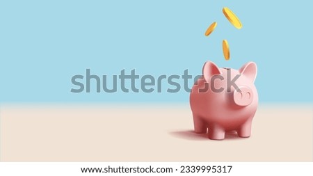 Pig piggy bank with gold coins falling. 3d render realistic vector illustration, bank digital icon