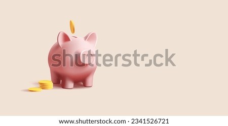 Pig piggy bank with gold coins pile. 3d render realistic vector illustration, bank digital icon