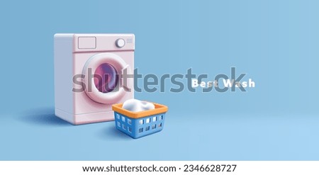 Washing machine realistic with laundry basket, household or laundry equipment, 3d realsitic illustration