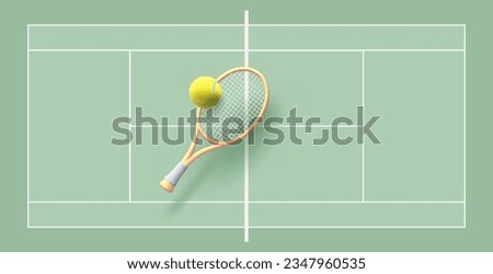 3d tennis racket and tennis ball on green tennis court background, Illustration or banner backdrop for competition poster