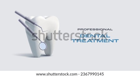 3d render illustration of a tooth with dental equipment mirror, dental treatment care banner template