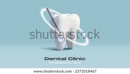 3D illustration of a tooth with dental mirrow and protective shiny circle, dental care poster composition