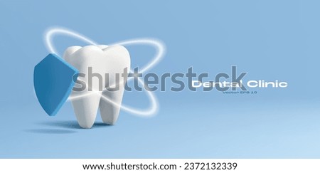 3D illustration of a tooth with shield icon and protective shiny circles, dental care banner template