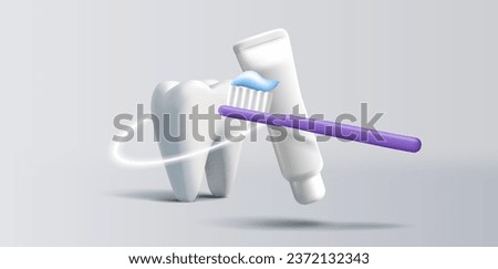 3D illustration of a tooth with tooth paste and brush and protective shiny circle, dental care banner
