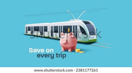 Urban tram rail public transport illustration with saving money banner with pink pig bank, promo
