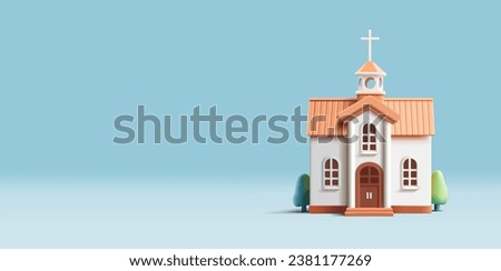 3d render church building icon, white facade with bushes and trees, front view, modern graphic illustration