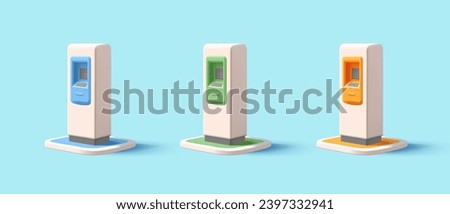 3D render cartoon ATM machine, realistic screen and buttons, set in different colors