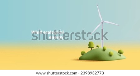 Wind mill, wind turbine, wind power station in hills with trees landscape. Renewable wind energy, green and alternative eco energy concept. 3d vector icon.