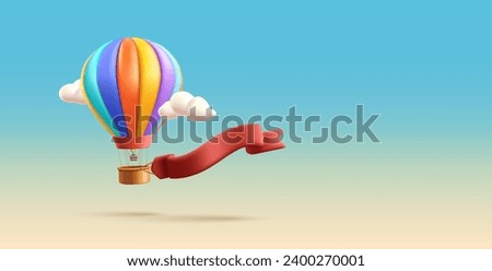 3d Vector Hot Air Balloon with ribbon banner for your text, Anniversary, Valentine's Day Concept. Cartoon render style composition