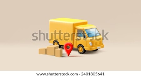 Yellow delivery truck with carton boxes and red pin geo tag icon, 3d render illustration