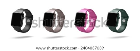 Smart watch 3d render mockup vector illustration in four glossy luxury colours