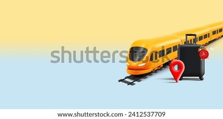 Yellow modern speed Train with black suitcase and geo pin, travelling or commute public transport composition