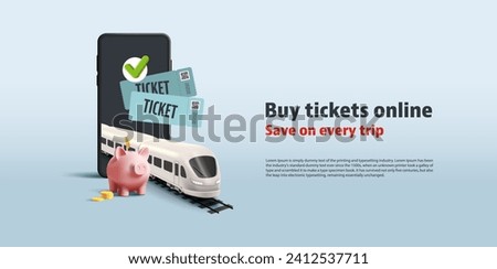 Online public transport tickets composition with 3d smartphone with train and piggy safe illustration, digital application