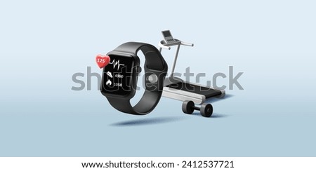 3d illustration of smart watch with treadmill and dumbbell, screen with heart rate application, smart workout