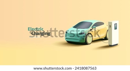 Electric Vehicle at charging station 3d render illustration. Modern SUV simplified car illustration and power station to recharge