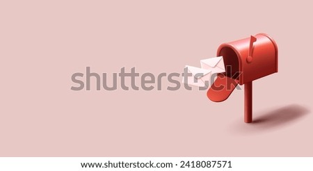 Vintage red mailbox with flying in white closed envelopes, post delivery composition, 3d render cartoon realistic style