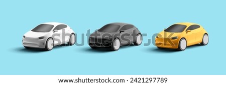 Set of modern 3d render car models, simplified shapes, big wheels, new generation car, yellow black and white colors