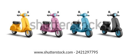 Set of scooters 3d render cartoon vector illustration, realistic detailed retro vintage classic scooter in modern graphic style in different colors