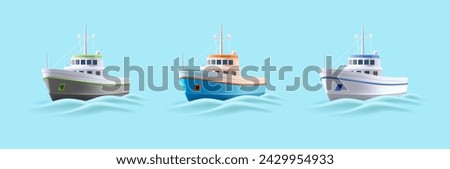 3d realistic fishing boat set of cartoon illustrations of vessel with volume waves, sailing in the sea in different colors