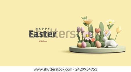 Trendy Easter greeting poster with 3d product podium, spring flowers, Easter eggs and bunny.